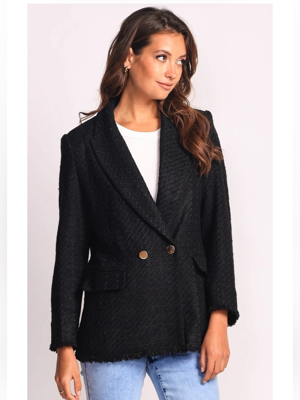 Pink Martini Black Bouclé Tailored Two-Button Blazer